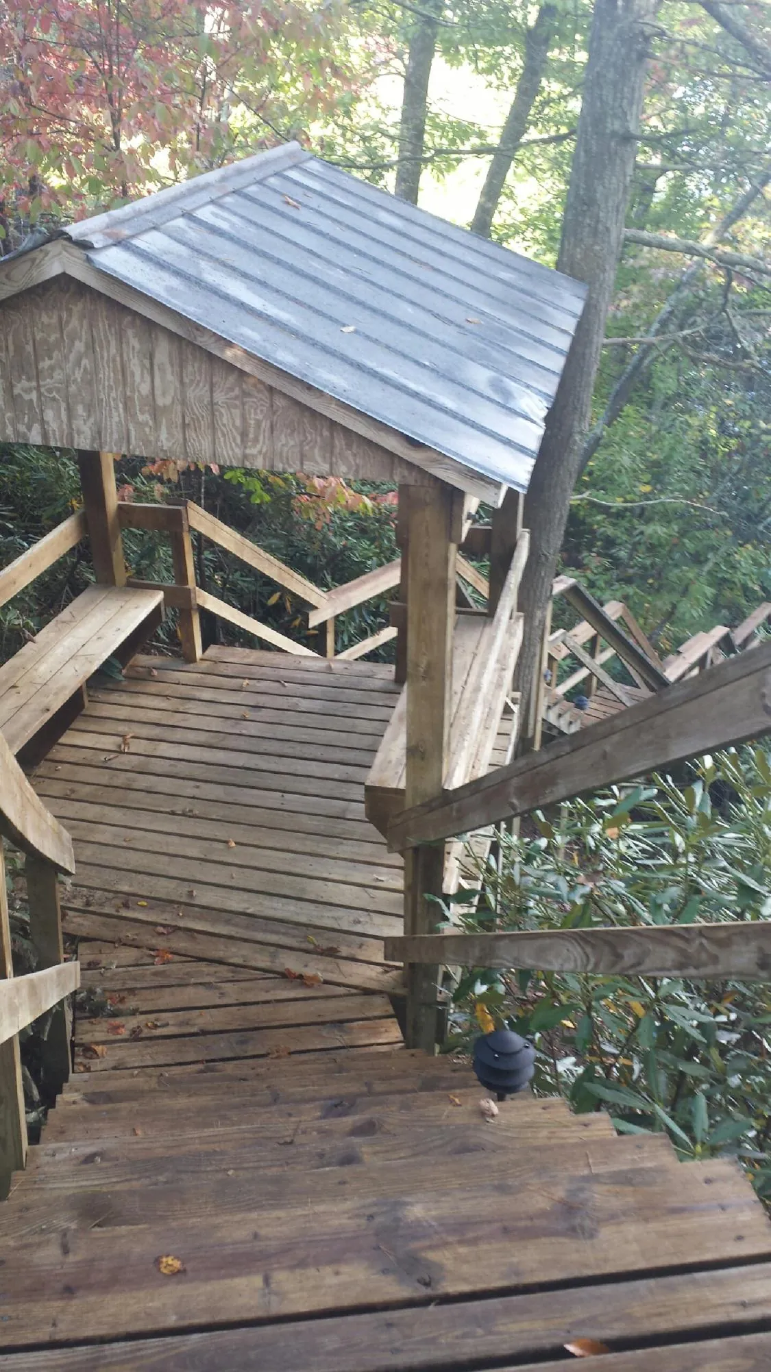 Metal roofed shelter over wooden steps on a wooded walkway — Skylight Repair & Installation work by our crew in Represa